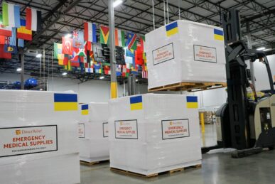 Emergency Medical Backpacks depart Direct Relief's warehouse on March 1, 2022, bound for Lviv, Ukraine. The backpacks, which contain medical essentials for triage care, were requested by Ukraine's Ministry of Health. (Lara Cooper/Direct Relief)